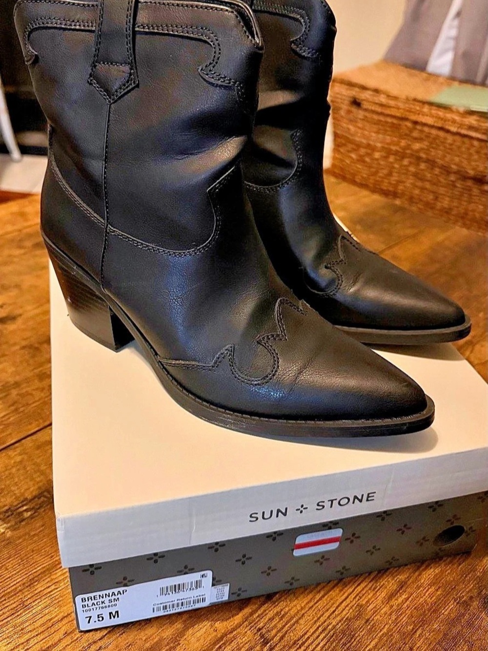 Sun + Stone Brennaa Western Stitching Cowboy Booties Black US 7.5 M